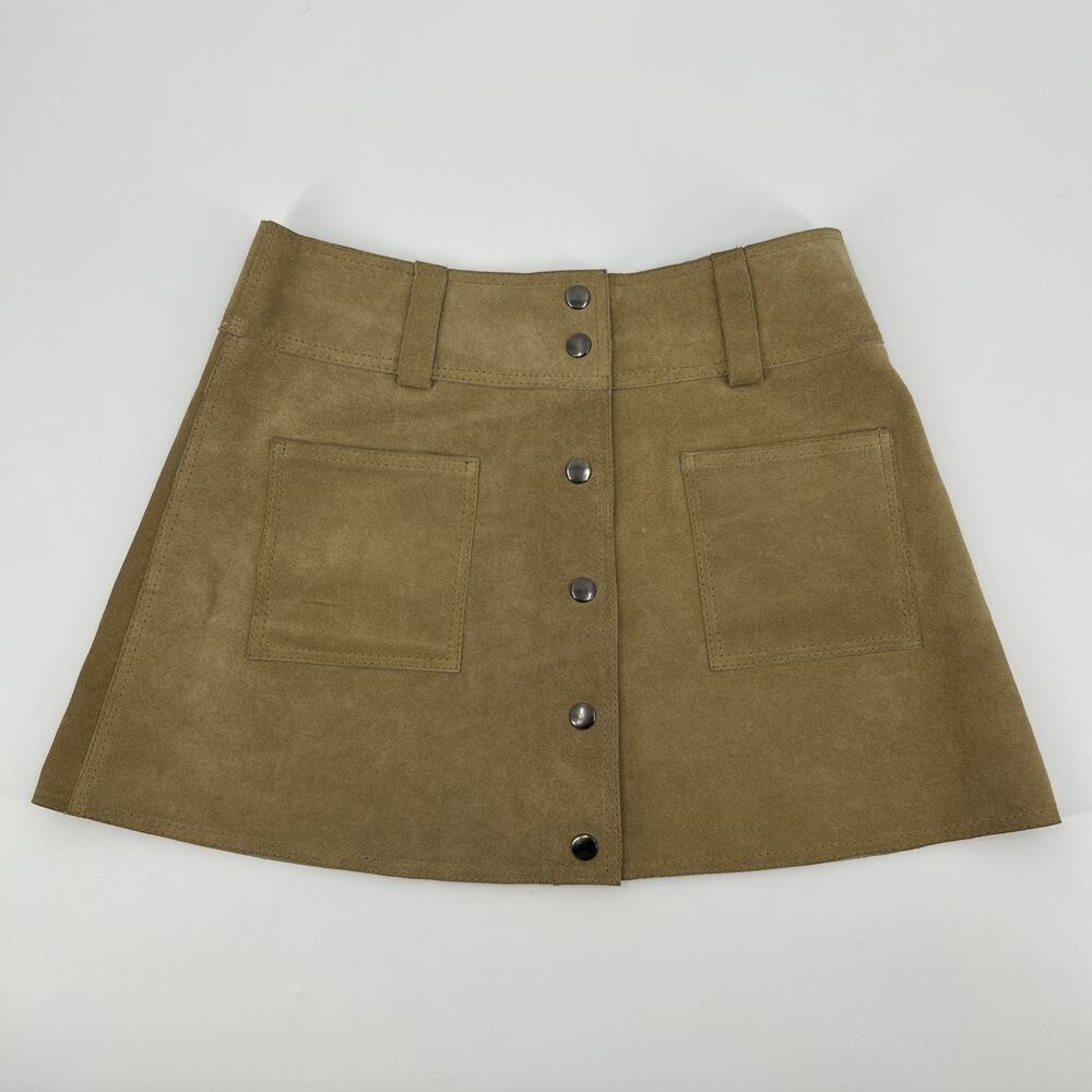 Vintage Suede Mini Skirt Womens Size S/M Tan Snap Buttons Retro